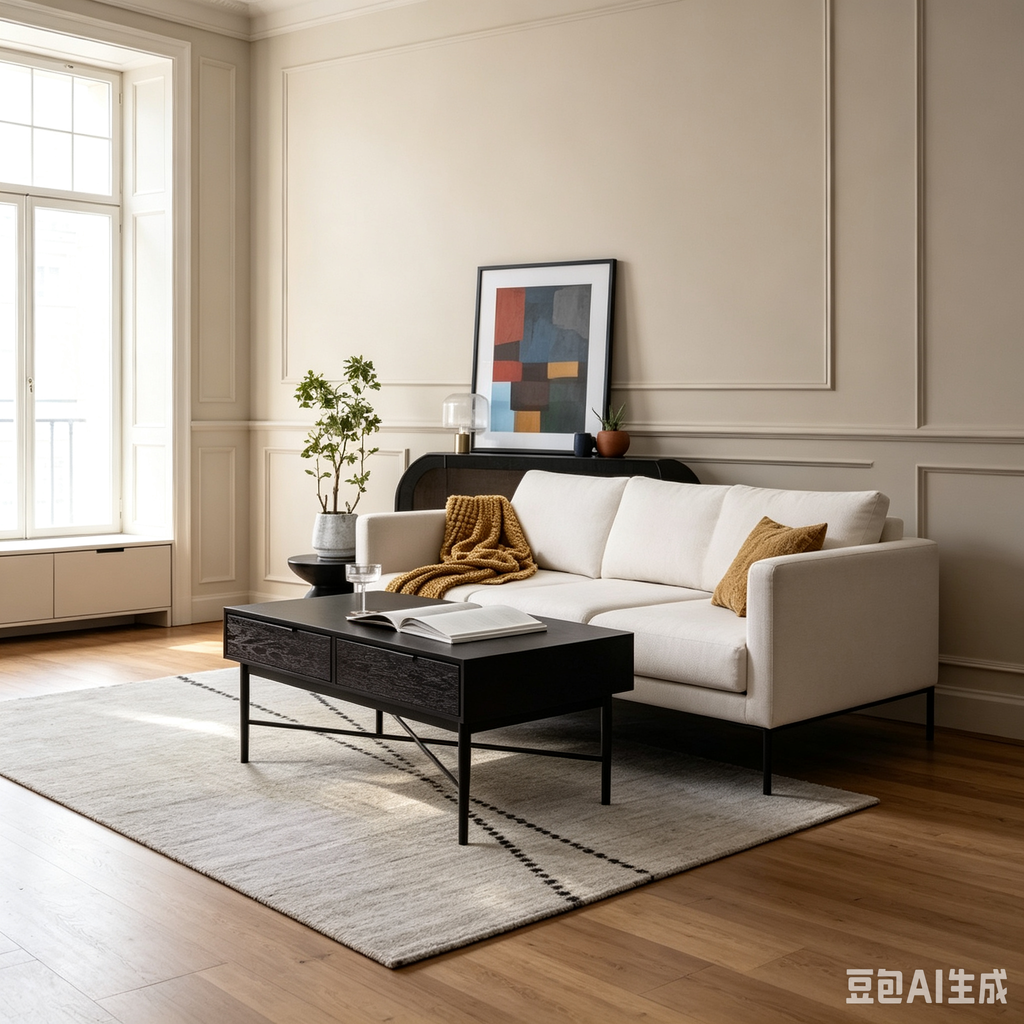 Table basse rectangulaire avec 2 tiroirs et plateau en placage de chêne, pieds dorés