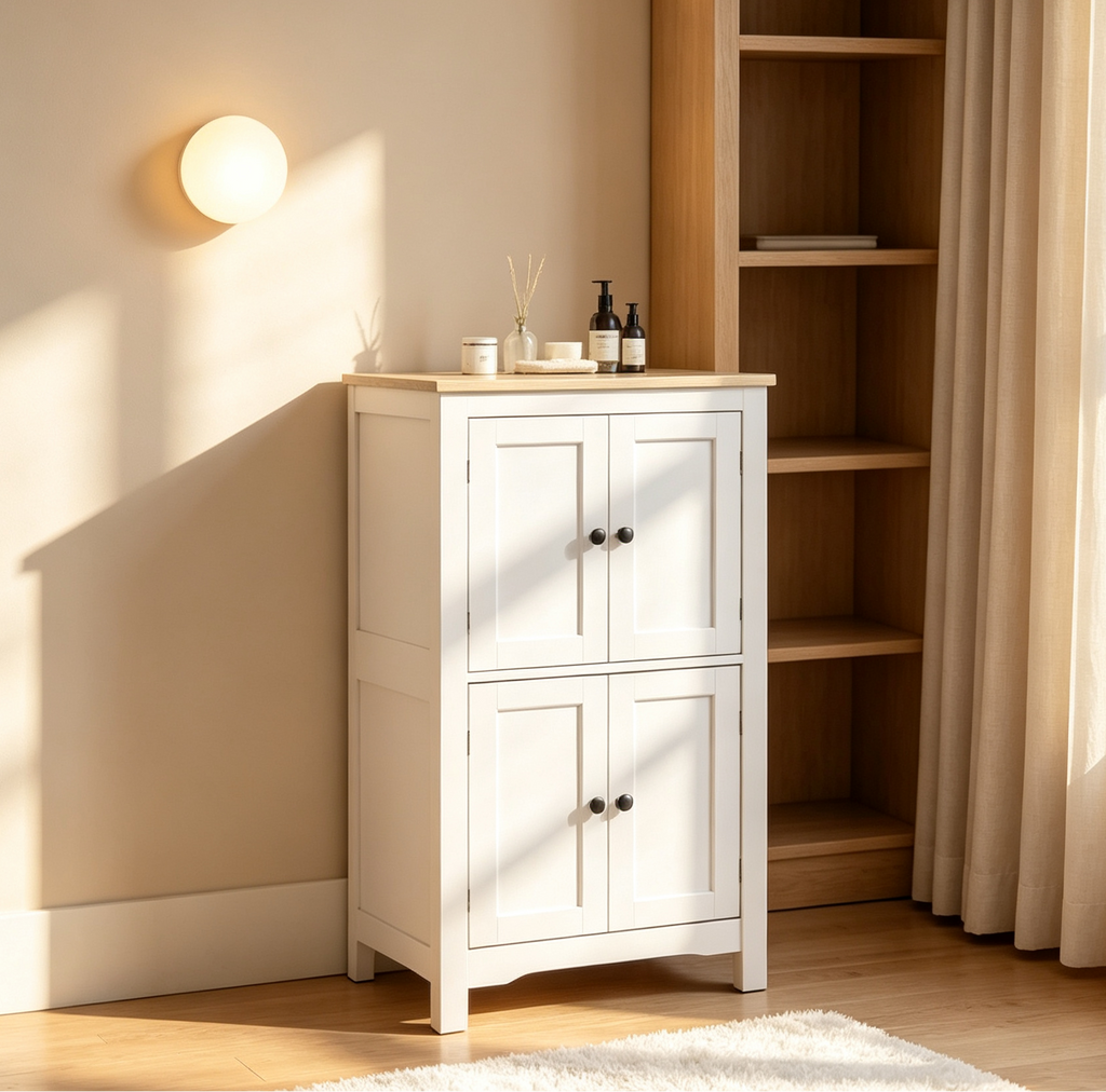 Meuble bas de salle de bain avec étagères réglables, sur pied, blanc