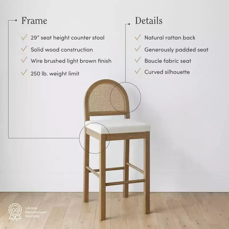 Tabouret de bar Boucle hauteur comptoir avec dossier en rotin, marron clair, 29 po