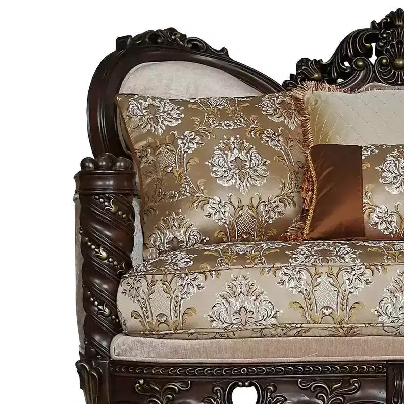 Canapé deux places, finition noyer foncé avec tissu à motifs