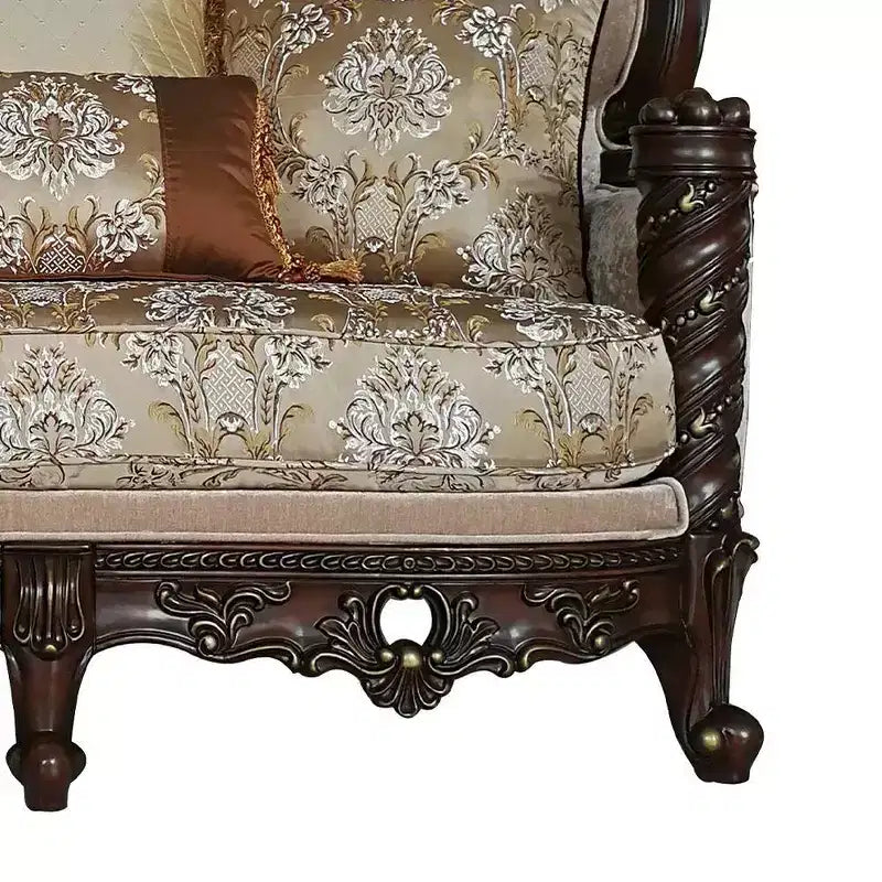 Canapé deux places, finition noyer foncé avec tissu à motifs
