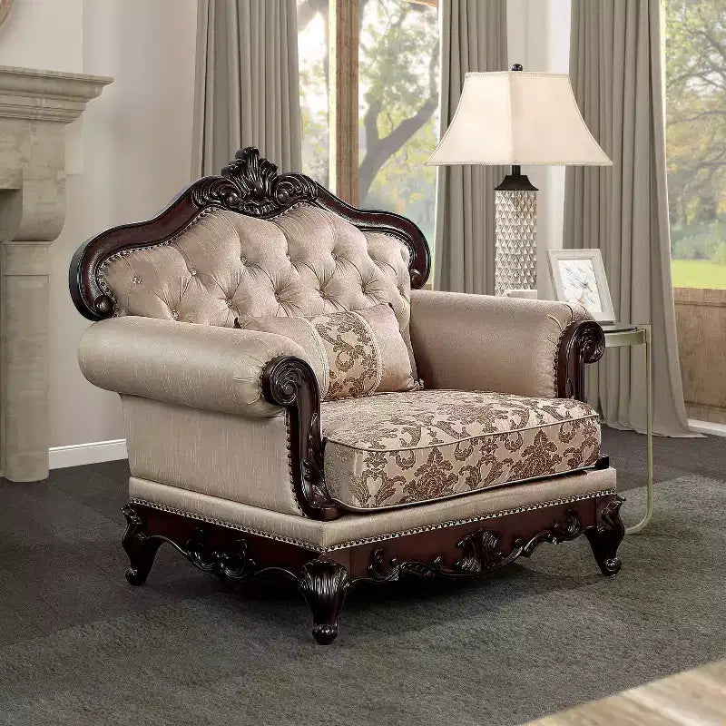Fauteuil cabriolet à dossier haut touffeté, merisier foncé/marron clair