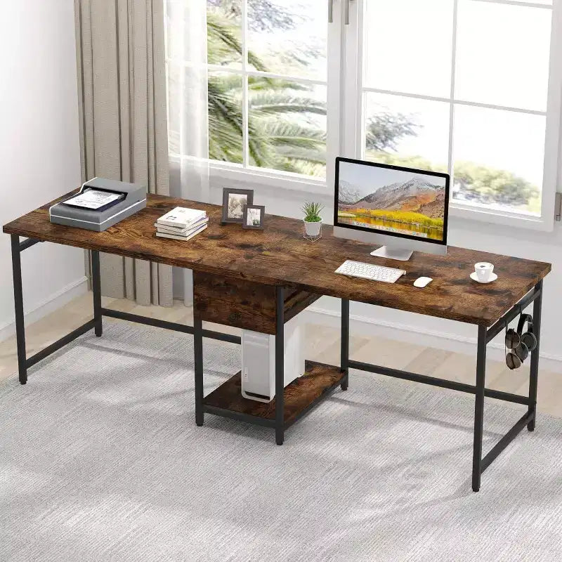 Bureau d'ordinateur double poste de travail de 199,9 cm avec 2 tiroirs et étagère de rangement, marron