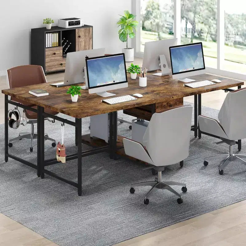 Bureau d'ordinateur double poste de travail de 199,9 cm avec 2 tiroirs et étagère de rangement, marron