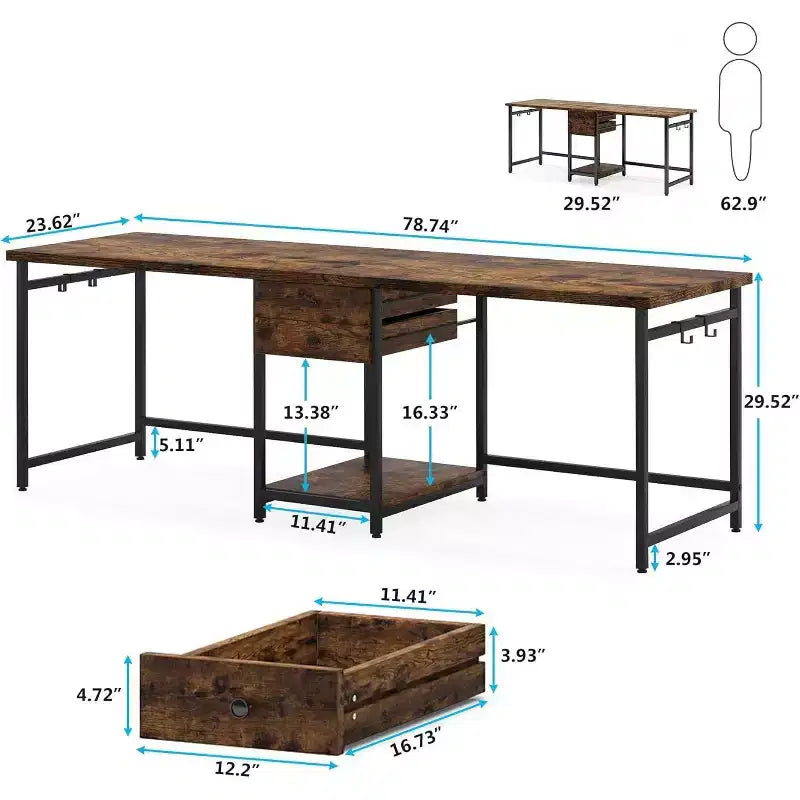 Bureau d'ordinateur double poste de travail de 199,9 cm avec 2 tiroirs et étagère de rangement, marron