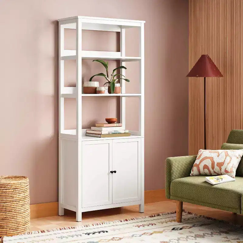 Bibliothèque 72 po avec trois étagères ouvertes et un meuble de rangement, blanc classique