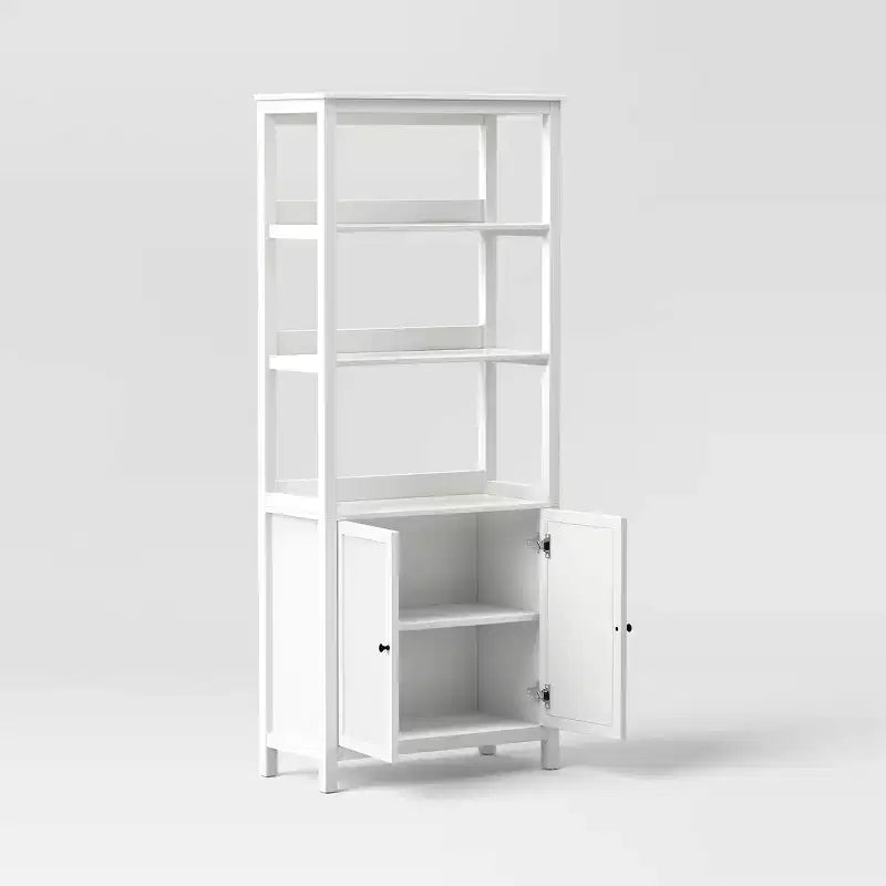 Bibliothèque 72 po avec trois étagères ouvertes et un meuble de rangement, blanc classique
