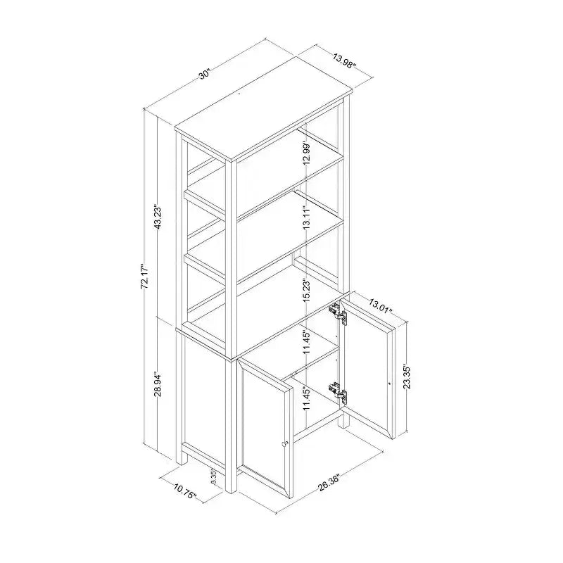 Bibliothèque 72 po avec trois étagères ouvertes et un meuble de rangement, blanc classique