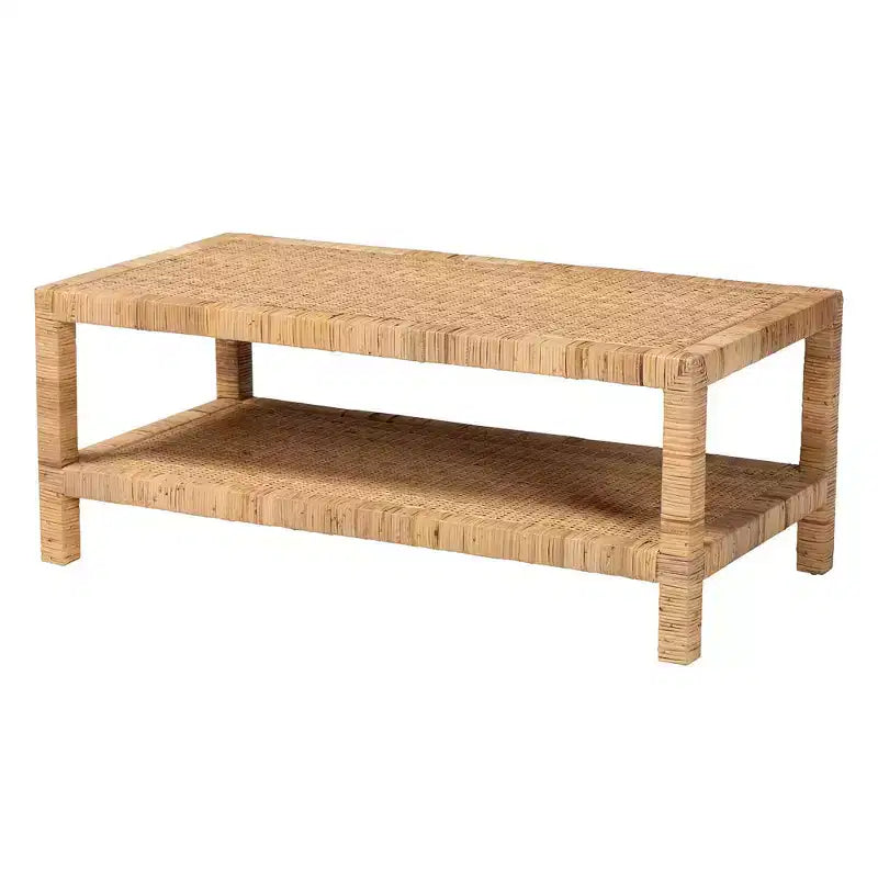 Table basse rectangulaire en rotin et bois d'acajou avec étagère ouverte, miel clair