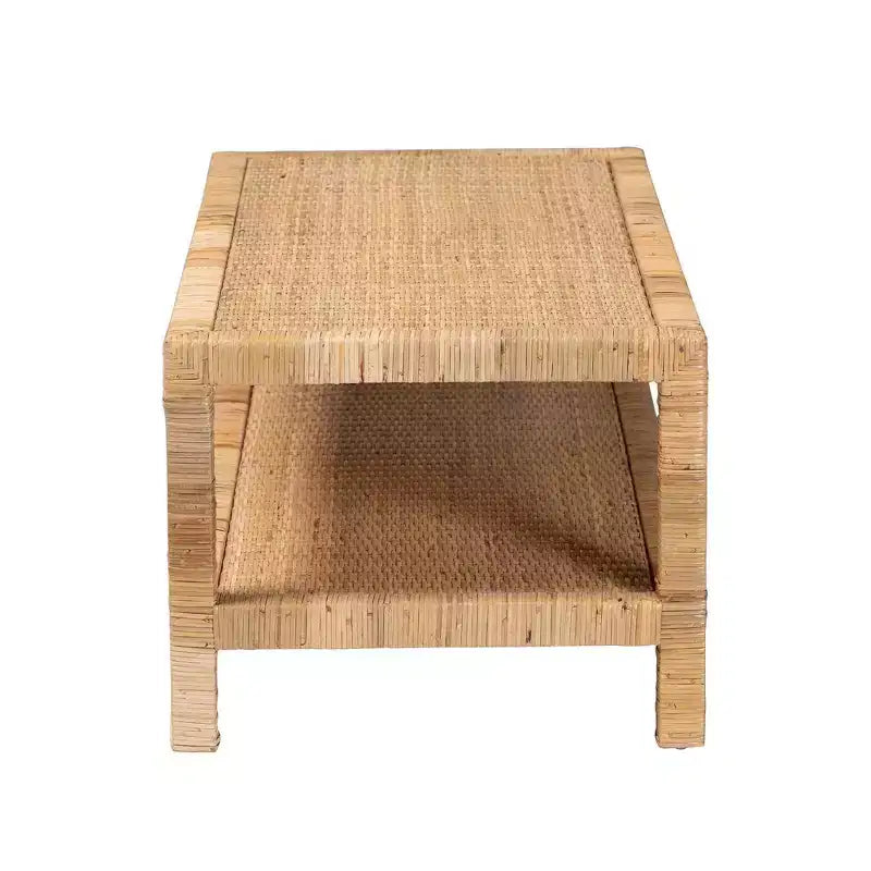 Table basse rectangulaire en rotin et bois d'acajou avec étagère ouverte, miel clair
