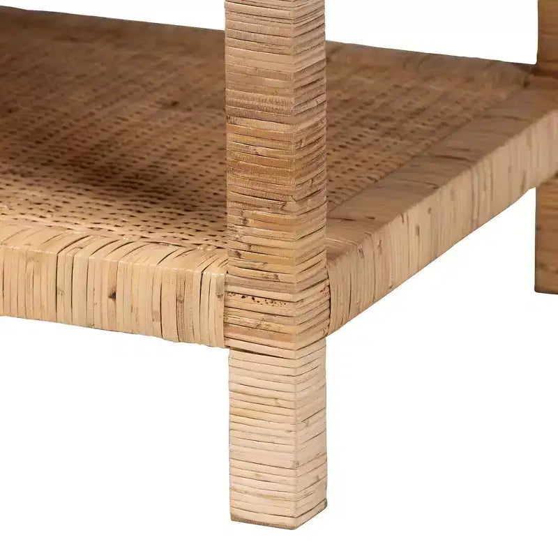 Table basse rectangulaire en rotin et bois d'acajou avec étagère ouverte, miel clair