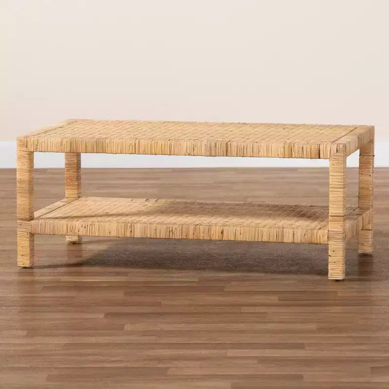 Table basse rectangulaire en rotin et bois d'acajou avec étagère ouverte, miel clair