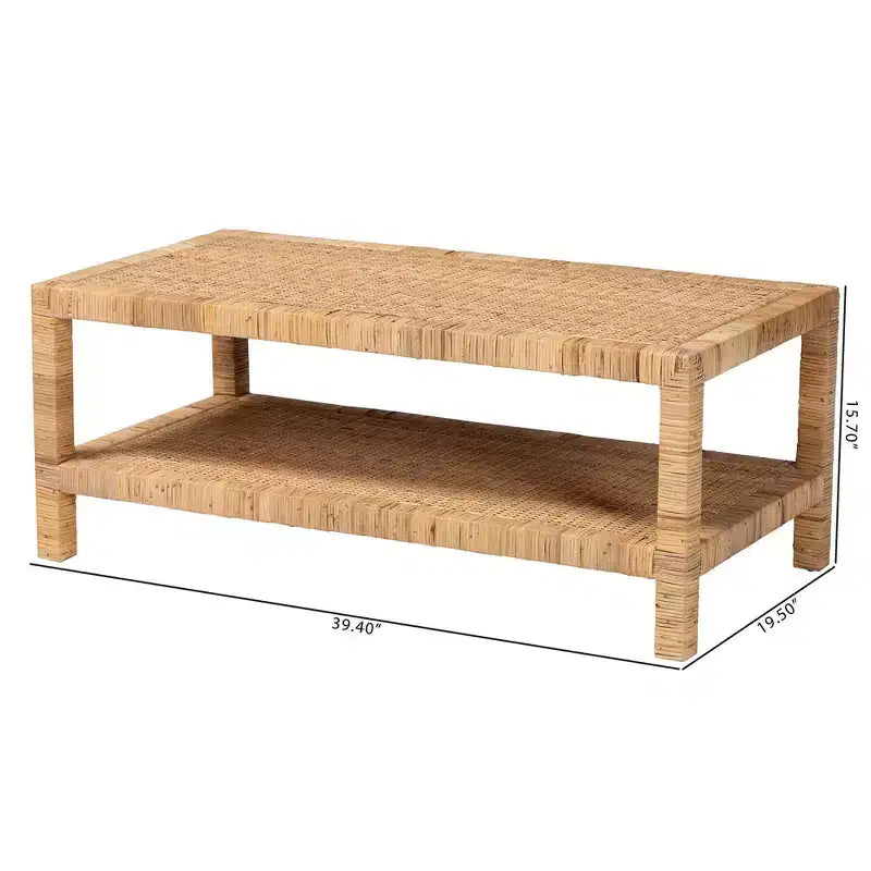 Table basse rectangulaire en rotin et bois d'acajou avec étagère ouverte, miel clair