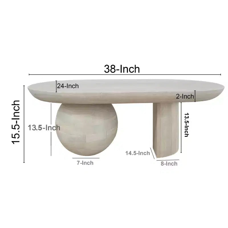 Table basse ovale en manguier de 38 po avec pieds sphériques, blanc délavé