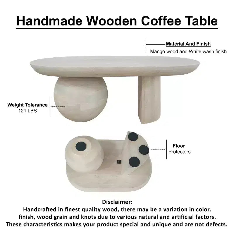 Table basse ovale en manguier de 38 po avec pieds sphériques, blanc délavé