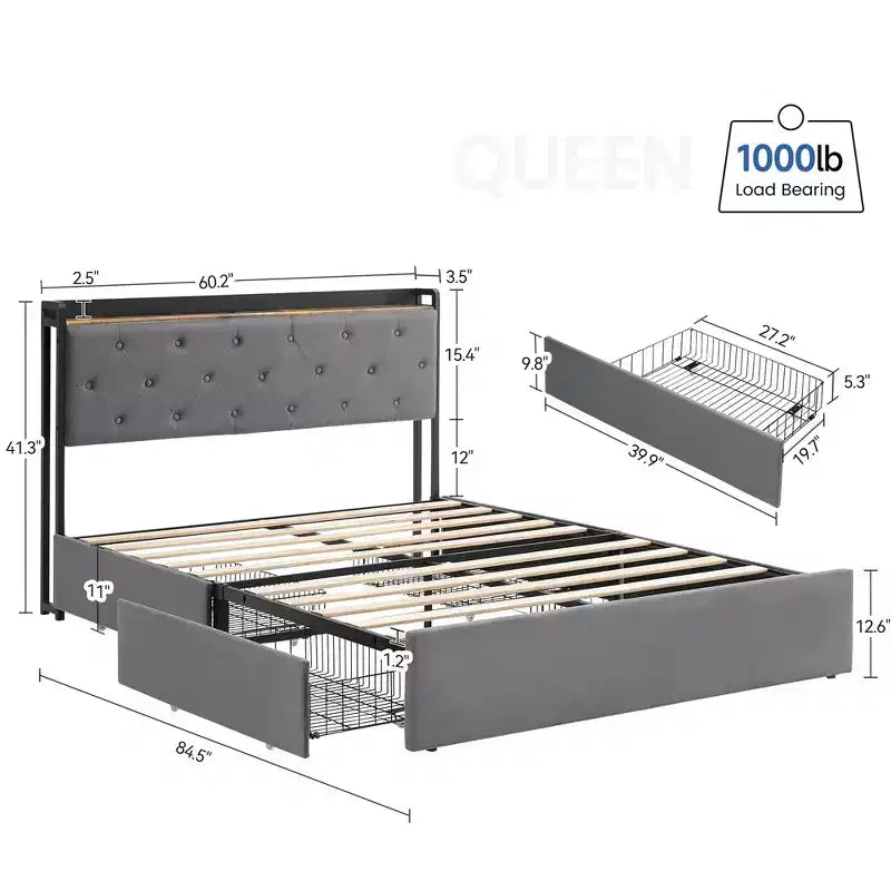 Lit plateforme double avec station de recharge, 4 tiroirs de rangement, tête de lit rembourrée en velours gris