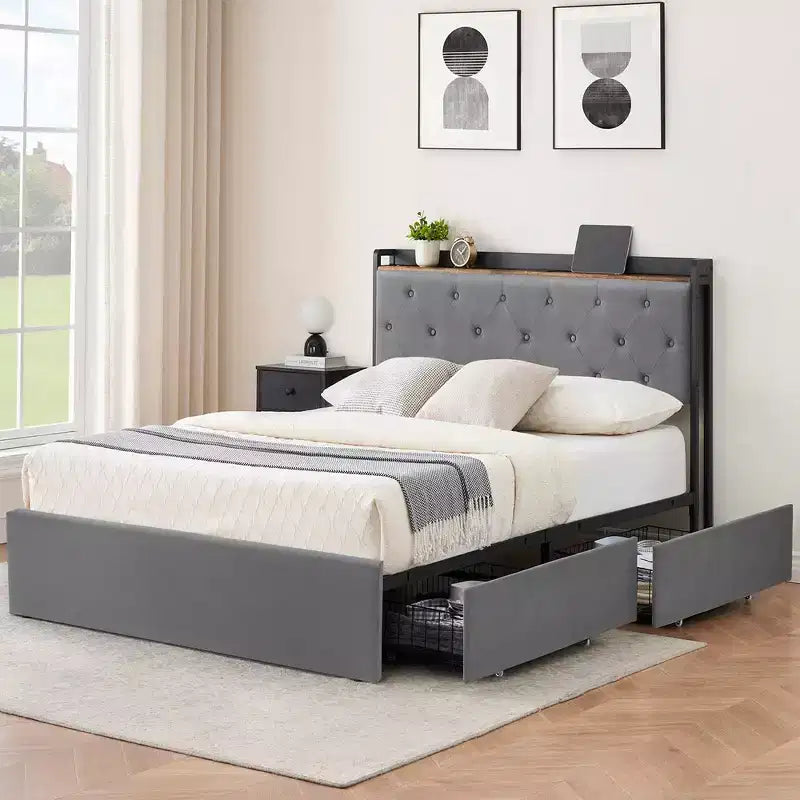 Lit plateforme double avec station de recharge, 4 tiroirs de rangement, tête de lit rembourrée en velours gris