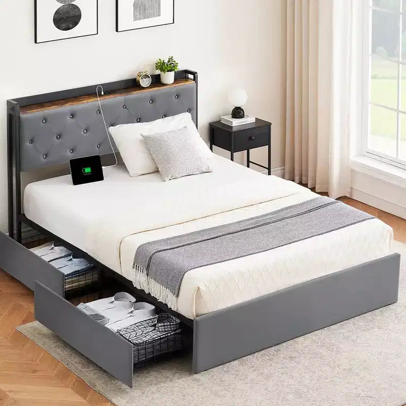 Lit plateforme double avec station de recharge, 4 tiroirs de rangement, tête de lit rembourrée en velours gris