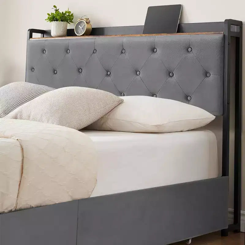 Lit plateforme double avec station de recharge, 4 tiroirs de rangement, tête de lit rembourrée en velours gris
