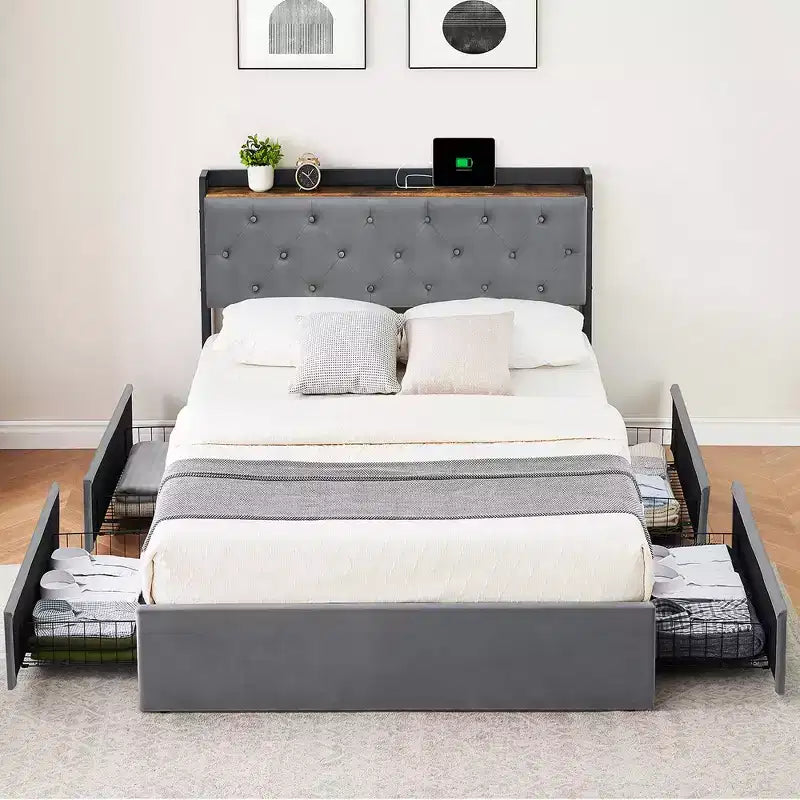 Lit plateforme double avec station de recharge, 4 tiroirs de rangement, tête de lit rembourrée en velours gris