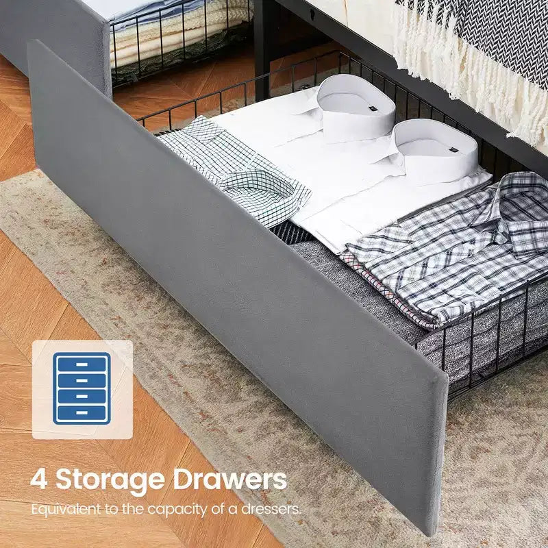 Lit plateforme double avec station de recharge, 4 tiroirs de rangement, tête de lit rembourrée en velours gris