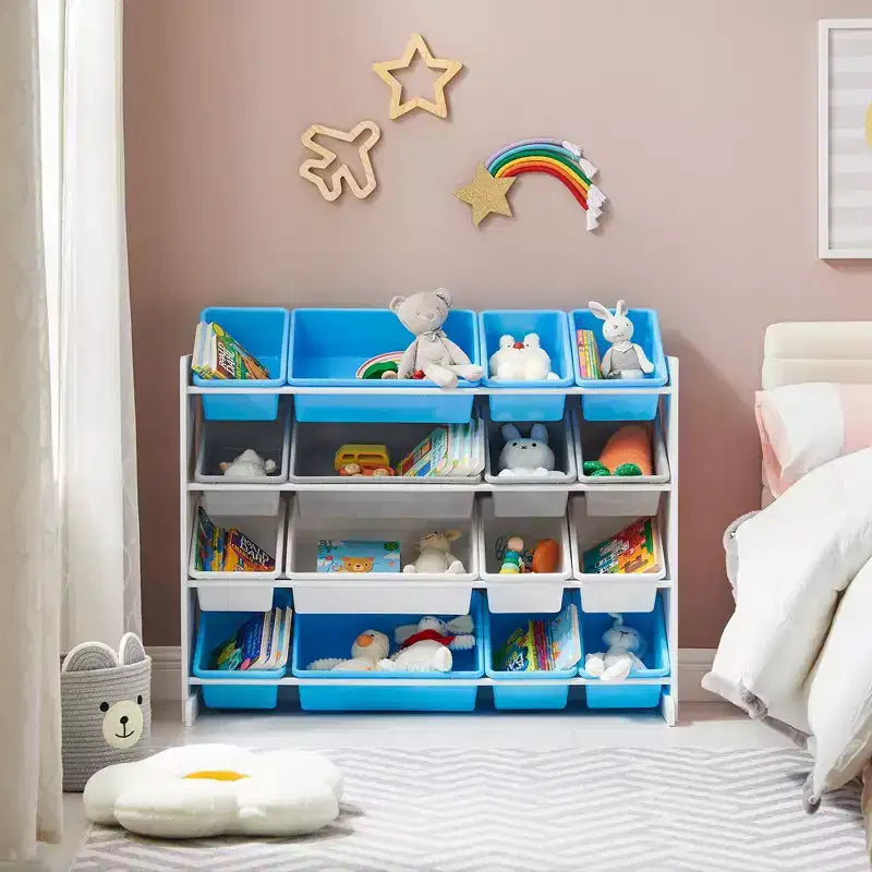 Grand meuble de rangement pour jouets pour enfants avec 16 bacs amovibles, thème espace, 106 cm