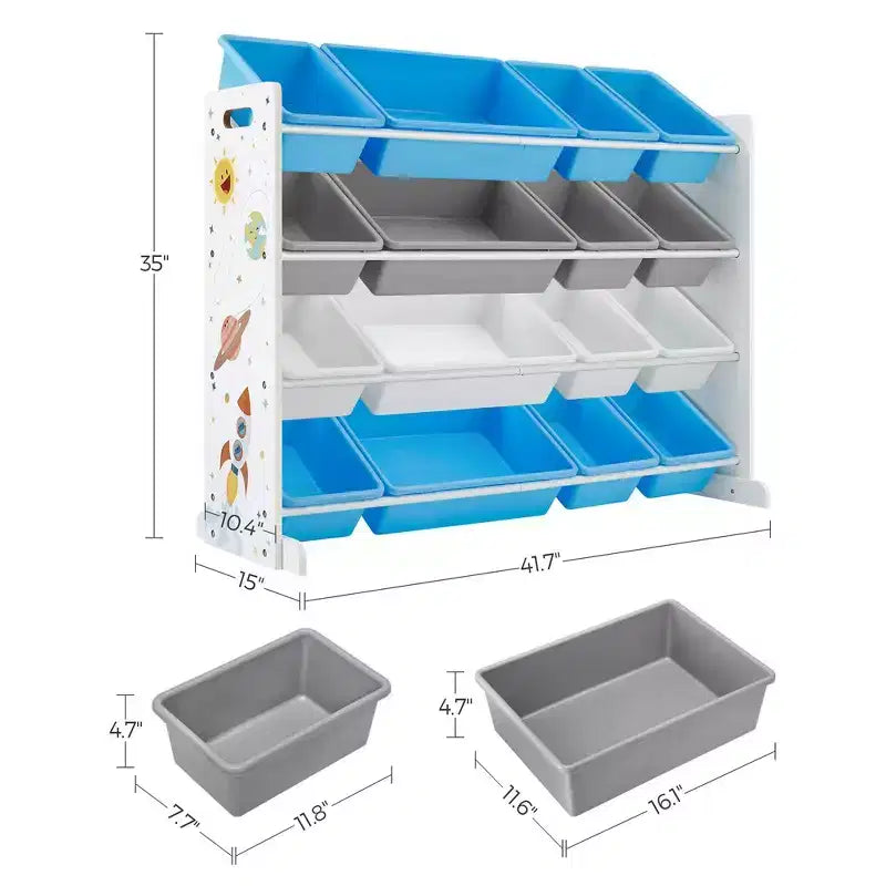 Grand meuble de rangement pour jouets pour enfants avec 16 bacs amovibles, thème espace, 106 cm