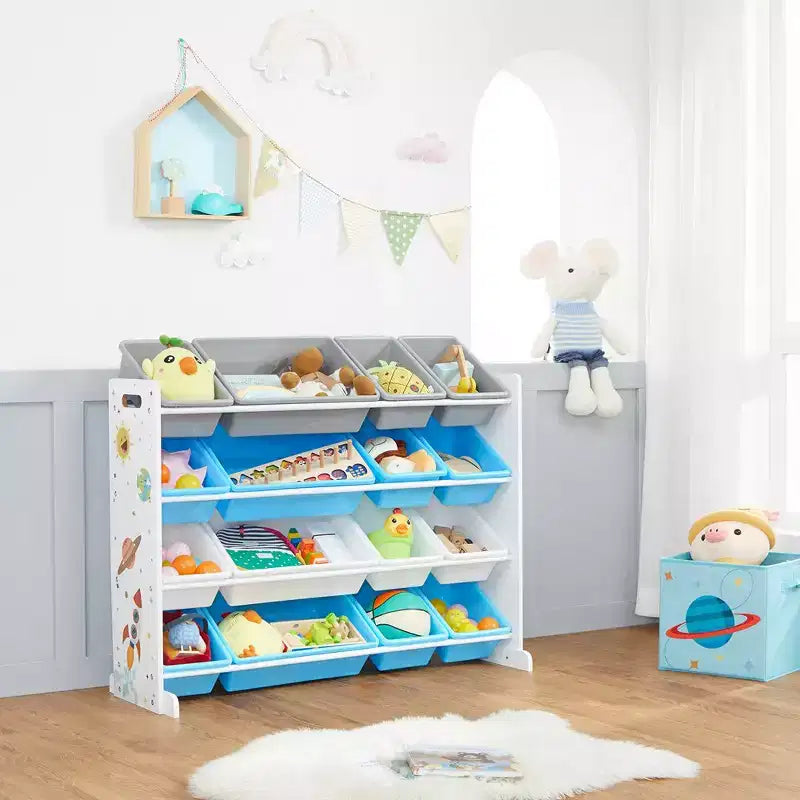 Grand meuble de rangement pour jouets pour enfants avec 16 bacs amovibles, thème espace, 106 cm