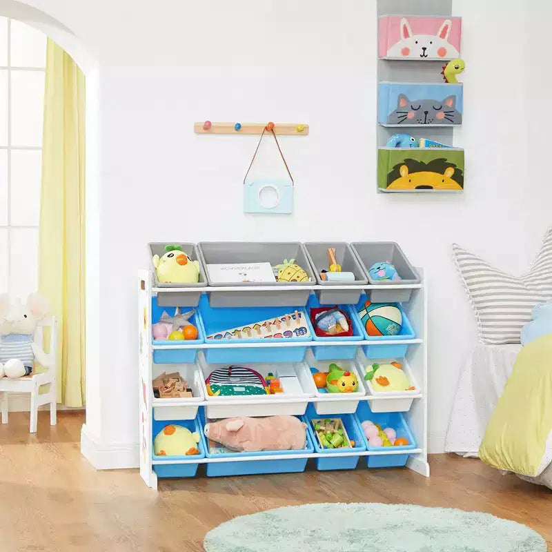Grand meuble de rangement pour jouets pour enfants avec 16 bacs amovibles, thème espace, 106 cm