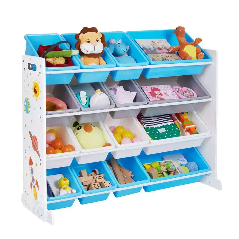 Grand meuble de rangement pour jouets pour enfants avec 16 bacs amovibles, thème espace, 106 cm