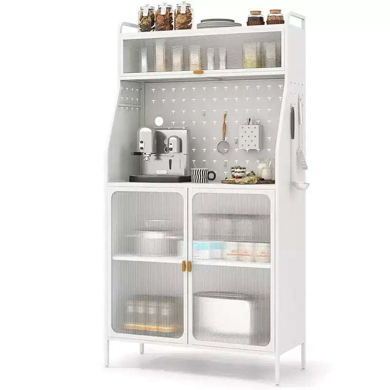 Étagère de cuisine en métal à 5 niveaux avec panneau perforé, 8 crochets, étagère réglable, blanc