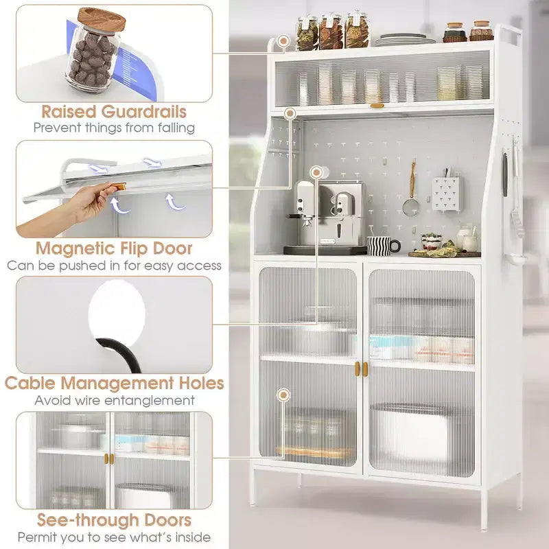 Étagère de cuisine en métal à 5 niveaux avec panneau perforé, 8 crochets, étagère réglable, blanc