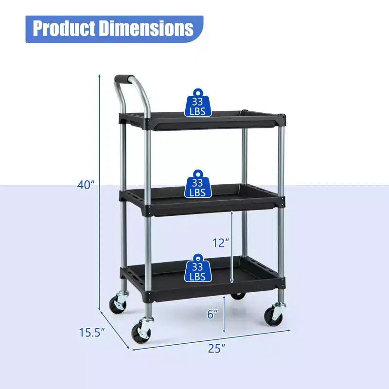 Chariot de rangement à roulettes 3 niveaux avec roues verrouillables et poignée ergonomique