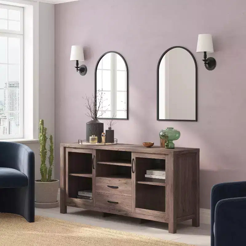 Buffet de salle à manger en bois d'ingénierie avec étagère ouverte, 2 tiroirs et 2 portes en verre trempé