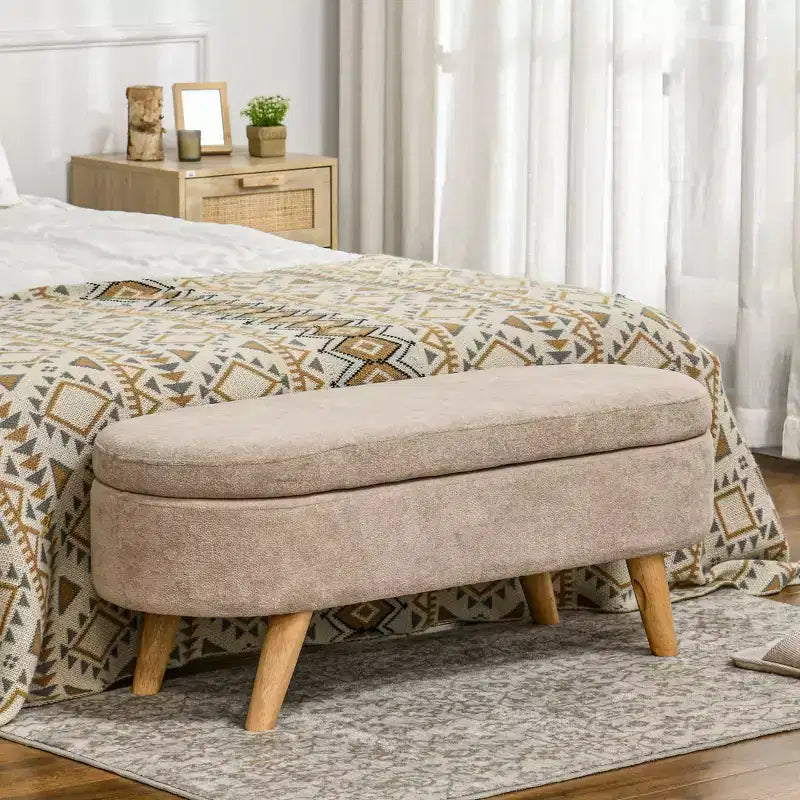 Banc ottoman de rangement capitonné, banc de bout de lit de 110 cm avec pieds en bois, beige
