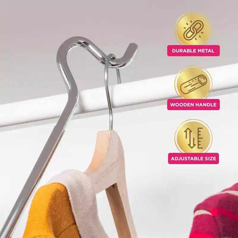 Perche de placard télescopique avec crochet de berger et poignée en bois, réglable de 0,84 à 1,52 mètre