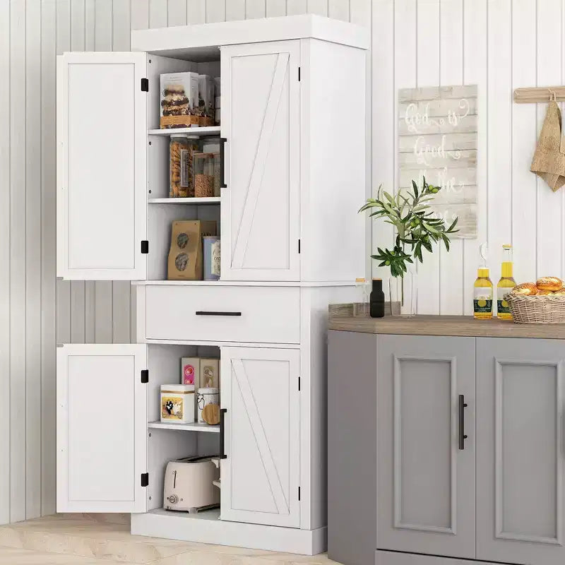 Meuble de cuisine de ferme de 72" avec portes coulissantes, tiroir et étagères réglables, blanc