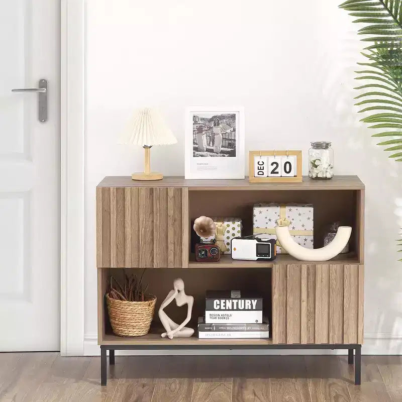 Console d'entrée de style ferme moderne avec meuble de rangement et étagère de présentation