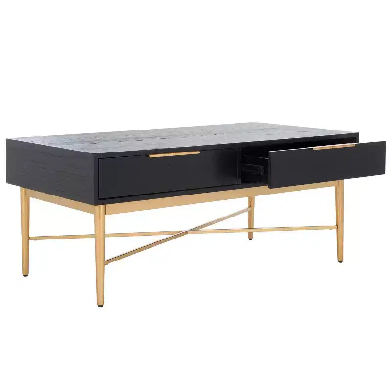 Table basse rectangulaire avec 2 tiroirs et plateau en placage de chêne, pieds dorés
