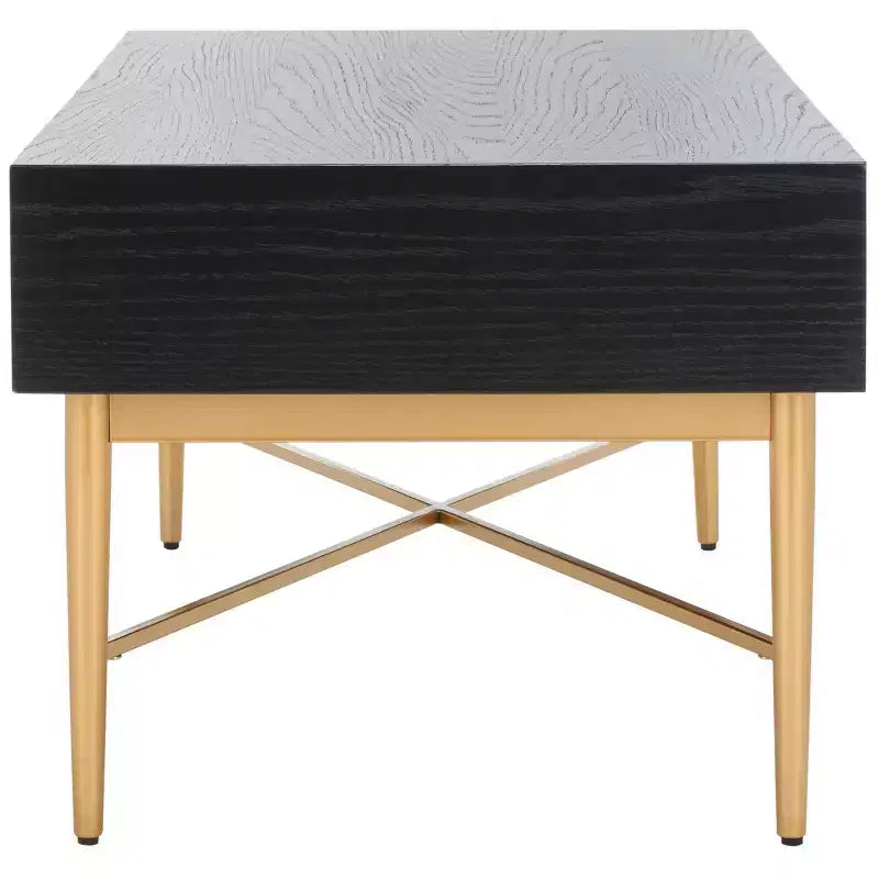 Table basse rectangulaire avec 2 tiroirs et plateau en placage de chêne, pieds dorés