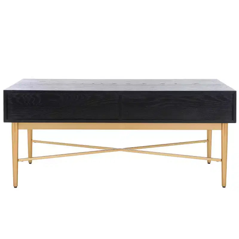 Table basse rectangulaire avec 2 tiroirs et plateau en placage de chêne, pieds dorés
