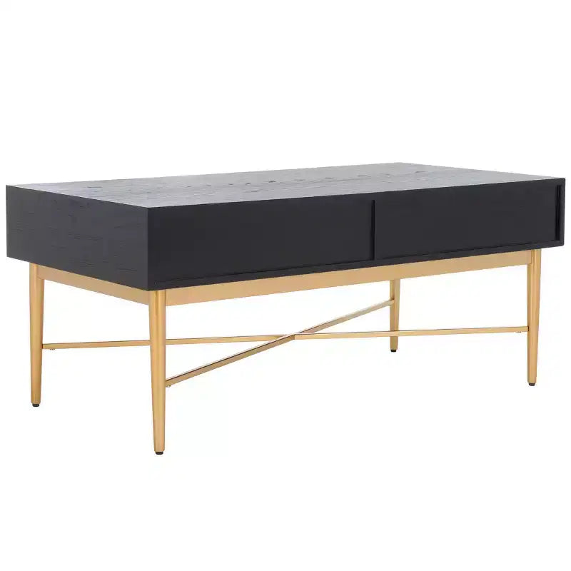 Table basse rectangulaire avec 2 tiroirs et plateau en placage de chêne, pieds dorés