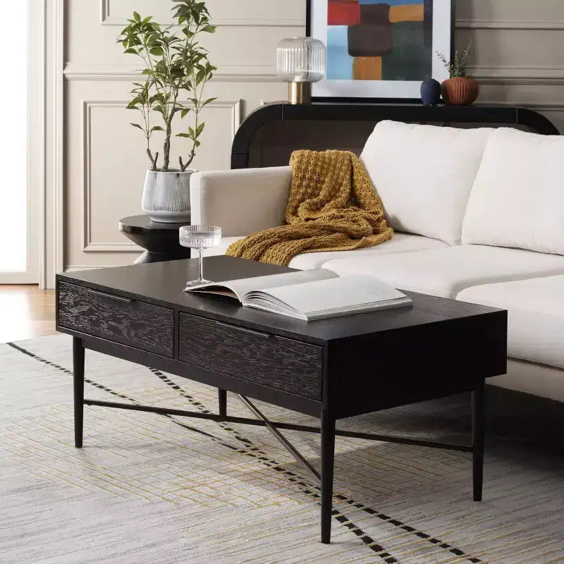 Table basse rectangulaire avec 2 tiroirs et plateau en placage de chêne, pieds dorés