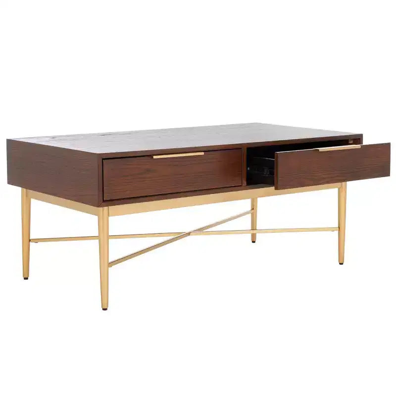Table basse rectangulaire avec 2 tiroirs et plateau en placage de chêne, pieds dorés