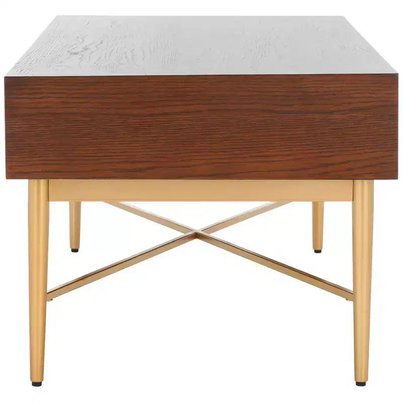 Table basse rectangulaire avec 2 tiroirs et plateau en placage de chêne, pieds dorés