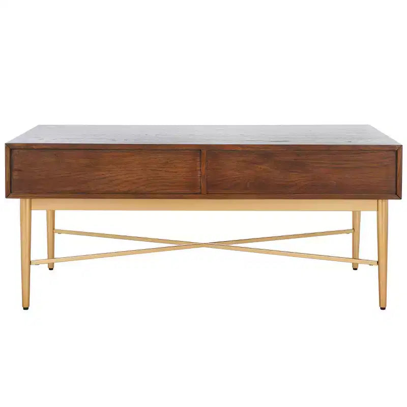 Table basse rectangulaire avec 2 tiroirs et plateau en placage de chêne, pieds dorés