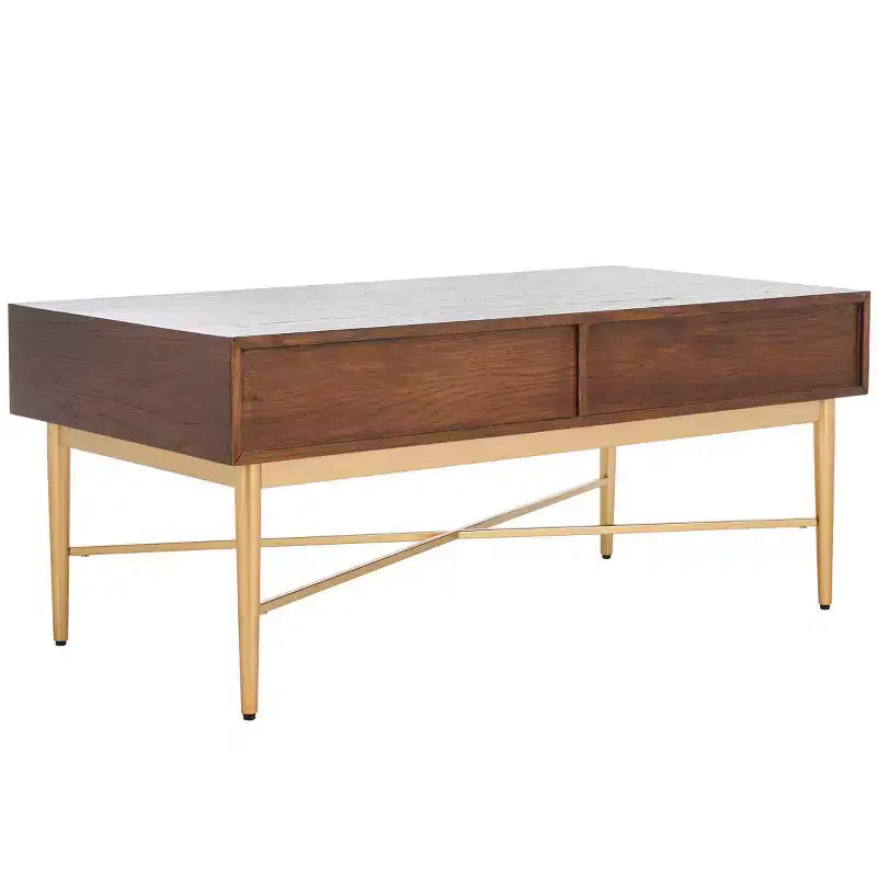 Table basse rectangulaire avec 2 tiroirs et plateau en placage de chêne, pieds dorés