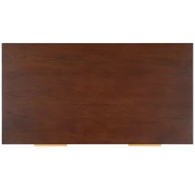 Table basse rectangulaire avec 2 tiroirs et plateau en placage de chêne, pieds dorés