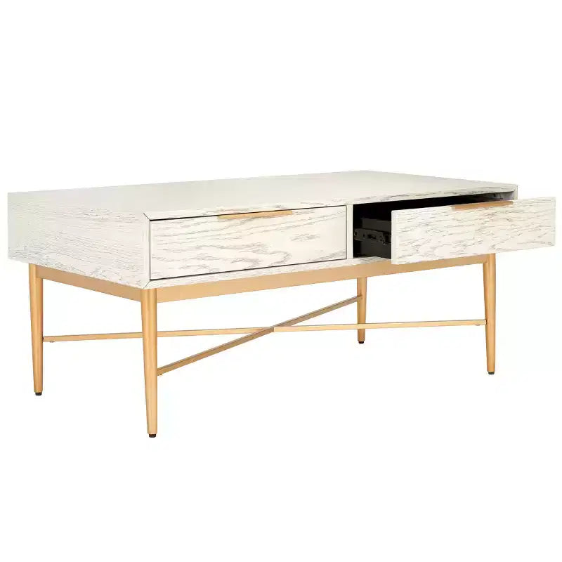 Table basse rectangulaire avec 2 tiroirs et plateau en placage de chêne, pieds dorés