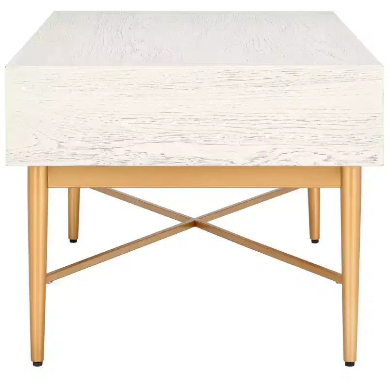 Table basse rectangulaire avec 2 tiroirs et plateau en placage de chêne, pieds dorés